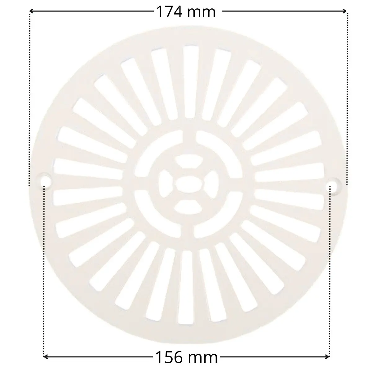 Griglia piatta e viti fissaggio, ricambio per scarico di fondo diametro 200 mm Astralpool con quote dimensionali: diametro esterno 174 mm e interasse fori fissaggio viti 156 mm
