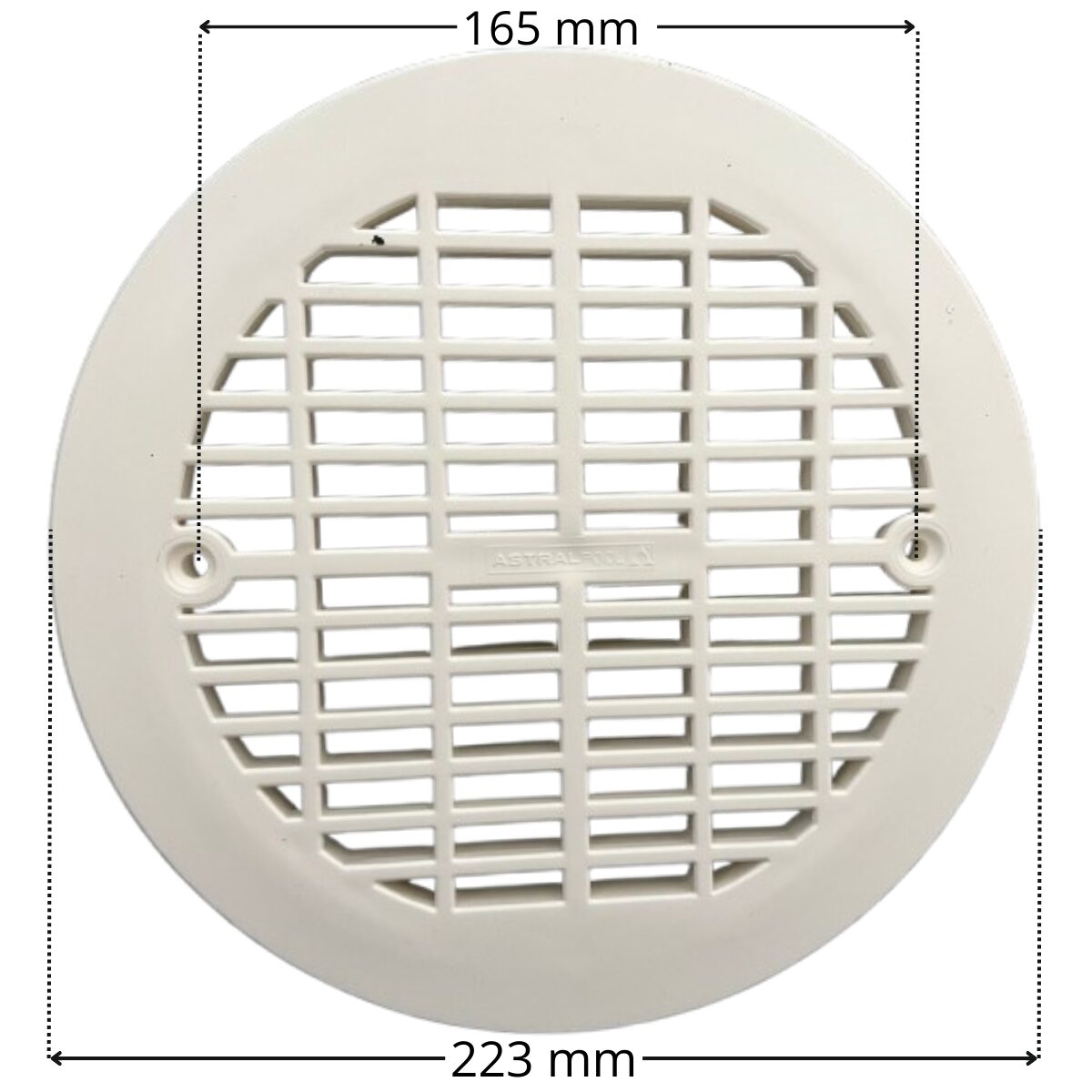 Griglia antivortice ,vista da sopra, ricambio per scarico di fondo diametro NORM Astralpool con quote dimensionali: diametro esterno 223 mm e interasse fori fissaggio viti 165 mm