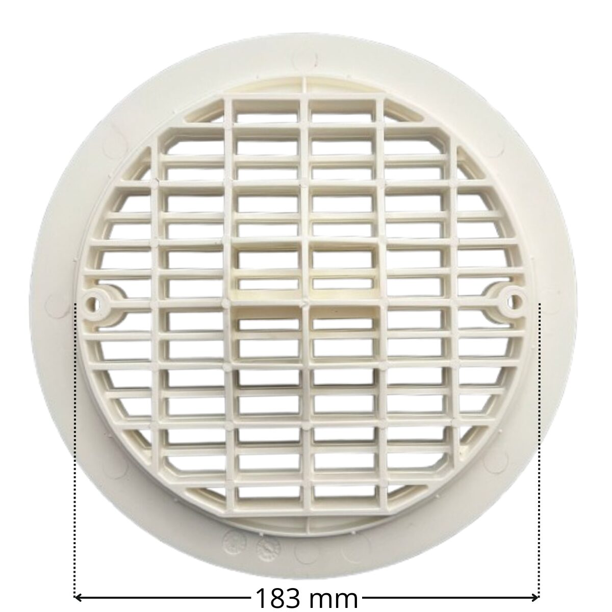 Griglia antivortice ,vista da sotto, ricambio per scarico di fondo diametro NORM Astralpool con quote dimensionali: diametro collare 183 mm