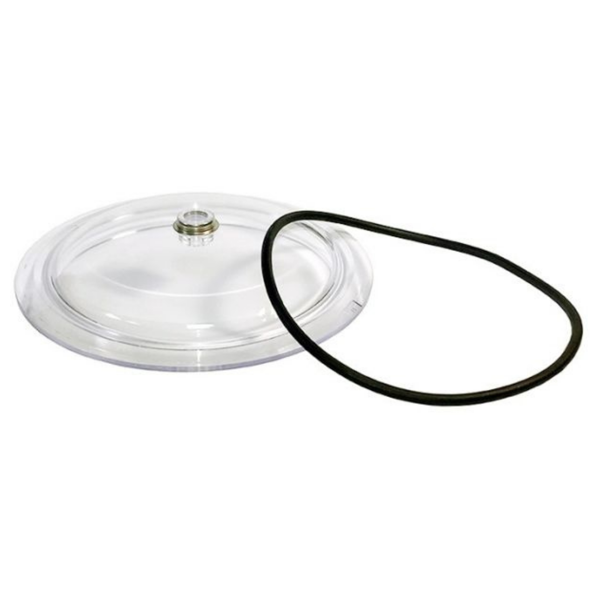4404080102 Sullo sfondo bianco si nota un coperchio circolare trasfarente con un foro nella parte centrale rifinito in acciaio . Subito accanto vediamo una guarnizione rotonda ci dolore nero.