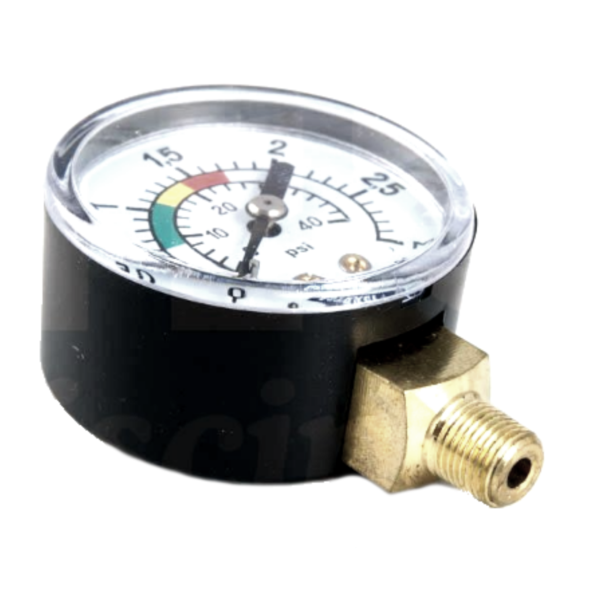 4404220102 Sullo sfondo bianco troviamo uno struimento di misurazione della pressione. presumibilmente un manometro per filrtri a sabbia. Nella parte superiore interna c'è un vetro trasparente con delle misurazioni con una lancetta nera, una tabella che va dal bianco, al verde, al giallo al rosso con dei numeri.Nella parte inferiore invece vediamo un'attacco in ottone con una filettatura.