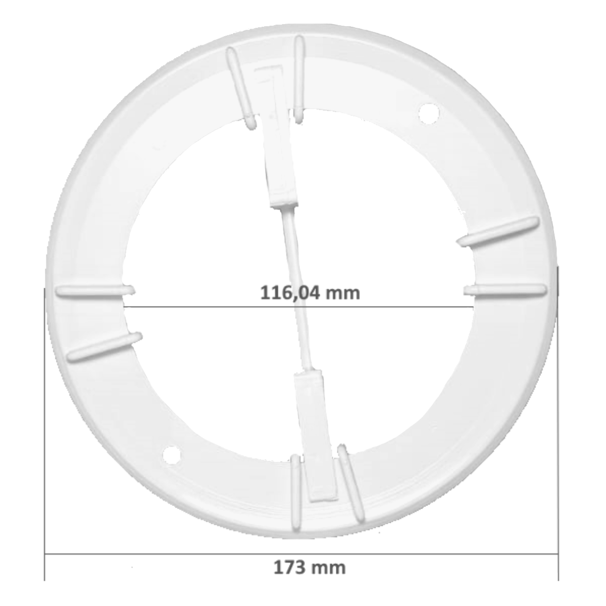Mostra un componente di forma circolare e di colore bianco, probabilmente in materiale plastico, presentato su uno sfondo bianco. L'oggetto ha un bordo esterno rialzato. All'interno del cerchio, sulla superficie piana, si notano, diverse piccole nervature o guide in rilievo che si estendono per un breve tratto dal bordo verso il centro. Una struttura che attraversa il diametro centrale, composta da elementi che suggeriscono un meccanismo di cerniera o un supporto per un altro pezzo (non visibile). Due piccoli fori circolari posizionati vicino al bordo esterno, in posizioni opposte. Sono chiaramente indicate due misure (quote) tramite linee di quotatura, il diametro esterno complessivo dell'oggetto è di 173 mm, e una misura interna, presa tra due punti della struttura centrale, è di 116,04 mm.