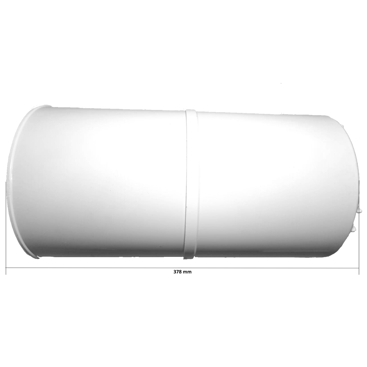 DETESSK97 dimensioni Vediamo un'oggetto cilindrico di colore bianco, posizionato orizzontalmente su uno sfondo anch'esso bianco e uniforme. L'oggetto sembra essere fatto di materiale plastico e presenta una fascia circolare leggermente più spessa o in rilievo circa a metà della sua lunghezza. Sotto l'oggetto è presente una linea di quotatura che ne indica la lunghezza totale, pari a 378 mm.