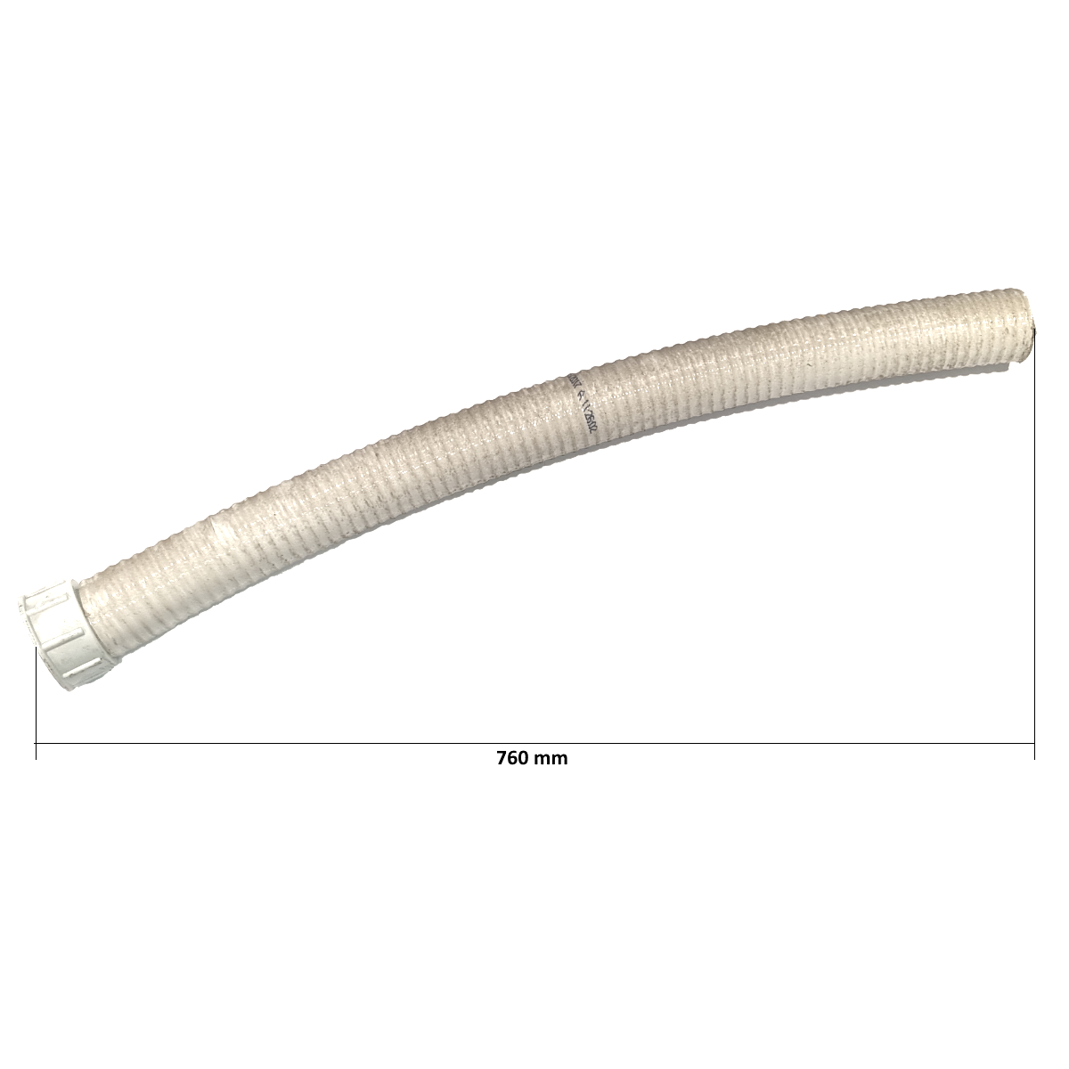 Sullo sfondo bianco vediamo un tubo lungo flessibile di colore bianco, la superficie del tubo è corrugata o anulare per la maggior parte della sua lunghezza. Una delle estremità presenta un raccordo liscio, leggermente più largo del tubo stesso, probabilmente per il collegamento ad alte parti dello skimmer o del sistema di filtrazione. L'immagine indica chiaramente una lunghezza totale di 760 mm (millimetri), pari a 76 centimetri.