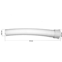 RLDEGAMBA9916K2 dimensioni Sullo sfondo bianco vediamo un tubo lungo flessibile di colore bianco, la superficie del tubo è corrugata o anulare per la maggior parte della sua lunghezza. Una delle estremità presenta un raccordo liscio, leggermente più largo del tubo stesso, probabilmente per il collegamento ad alte parti dello skimmer o del sistema di filtrazione. L'immagine fornisce misure precise: Lunghezza totale: 351 mm (35.1 cm) Diametro esterno dell'estremità senza raccordo: 46.87 mm (circa 4.7 cm) Diametro esterno massimo del raccordo all'altra estremità: 60.50 mm (circa 6.05 cm)