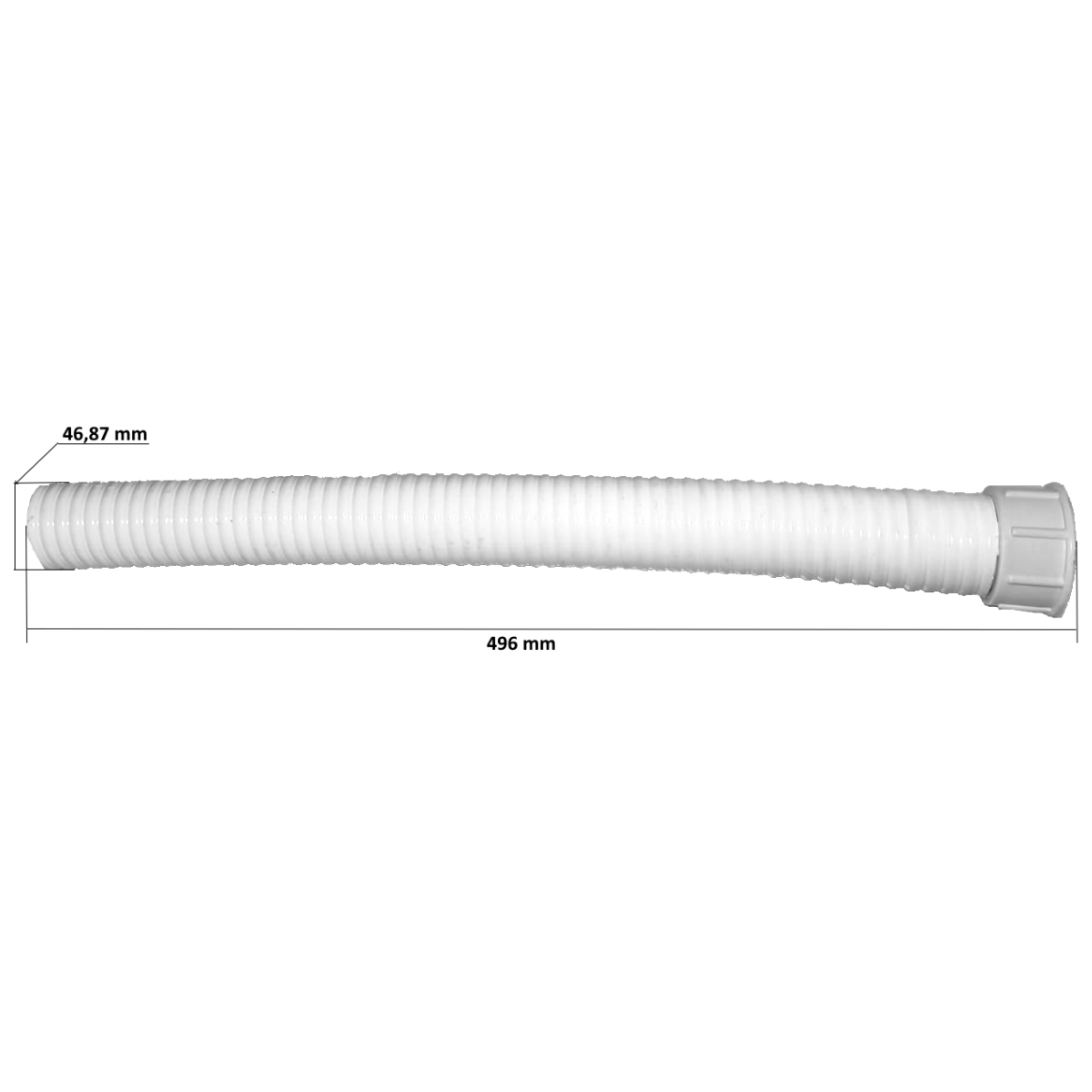 Tubo flessibile e corrugato di colore bianco, posizionato orizzontalmente su uno sfondo bianco. Il tubo presenta raccordi ad entrambe le estremità, sulla destra, è visibile un raccordo più grande, di colore bianco, simile a una ghiera o un bocchettone filettato. Sulla sinistra, il raccordo terminale appare più semplice e di diametro leggermente inferiore rispetto alla ghiera destra. Sono indicate due misure tramite linee di quotatura, la lunghezza totale del tubo, inclusi i raccordi, è di 496 mm.Il diametro esterno della sezione corrugata del tubo è di 46,87 mm.