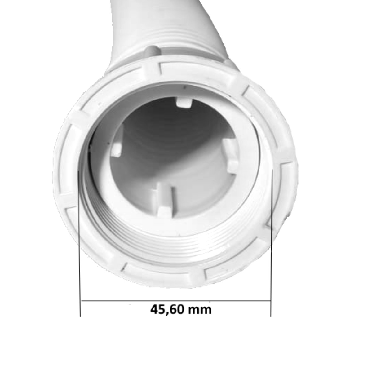 raccordo femmina tubi laghetto Vista frontale in primo piano di un raccordo terminale montato su un tubo corrugato bianco. Il raccordo, di colore bianco e forma circolare, è di tipo femmina e presenta una ghiera esterna con delle scanalature o tacche per facilitare l'avvitamento/svitamento manuale.All'interno della ghiera, una sezione con filettatura interna. Più internamente ancora, si intravedono delle strutture plastiche che fanno parte del meccanismo di connessione o tenuta del tubo.Una linea di quotatura orizzontale indica il diametro interno della parte filettata, che misura 45,60 mm.