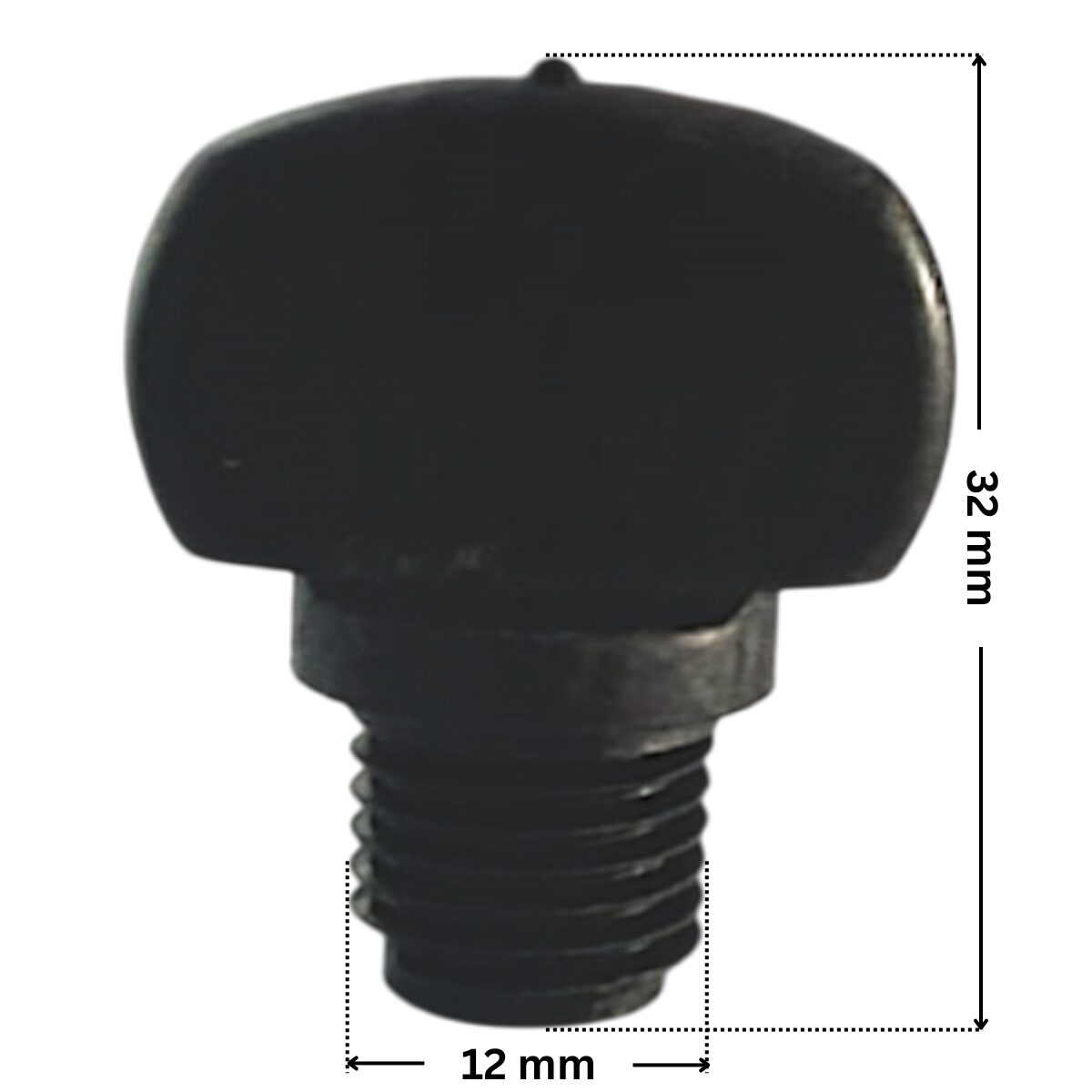 Tappo scarico ricambio per pompa piscina Challenger Pentair con quote dimensionali: diametro esterno della filettatura 12 mm e altezza totale esterna 32 mm.