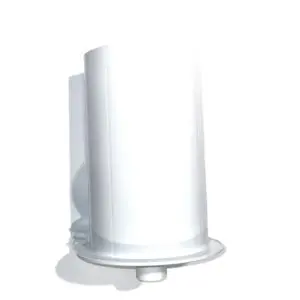 Su di uno sfondo bianco vediamo un'oggetto di forma prevalentemente cilindrica e di colore bianco. Alla base presenta una flangia circolare più larga rispetto al corpo principale. Sotto la flangia, al centro, si nota un piccolo raccordo o uscita. Sembra essere realizzato in materiale plastico.