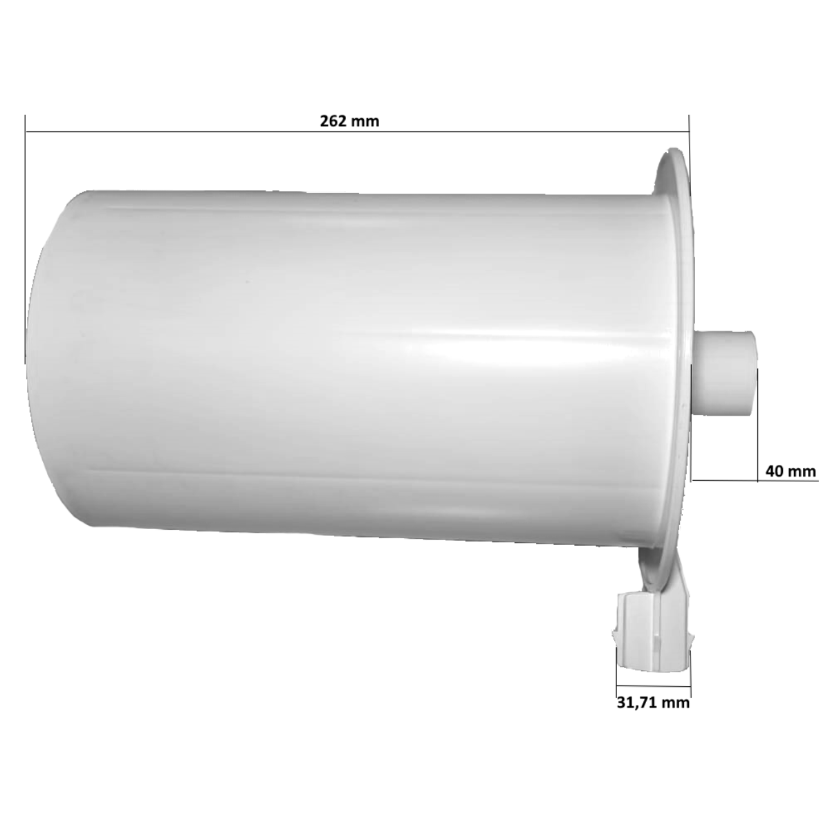 DECORSKFE99 dimensioni 1 Vediamo un componente cilindrico cavo di colore bianco, orientato orizzontalmente su uno sfondo bianco. Sembra essere realizzato in materiale plastico. Corpo cilindrico principale, chiuso all'estremità sinistra. L'estremità destra termina con una flangia circolare (un bordo piatto che sporge verso l'esterno). Dal centro della superficie esterna della flangia, sporge verso destra un ugello o tubo cilindrico di diametro ridotto. Dalla parte inferiore della flangia, sporge verso il basso una struttura con alette/nervature verticali. Sono indicate tre misure (quote): La lunghezza del corpo cilindrico principale, misurata fino alla base della flangia, è di 262 mm. La lunghezza dell'ugello che sporge dalla flangia è di 40 mm. La larghezza (o altezza) della struttura alettata inferiore è di 31,71 mm.
