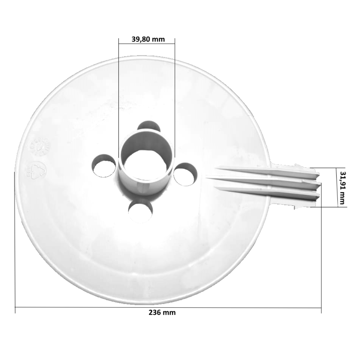 DECORSKFE99 dimensioni Mostra un oggetto circolare piatto di colore bianco, realizzato apparentemente in materiale plastico e fotografato su sfondo bianco. Le caratteristiche principali visibili sono: Un mozzo (o collare) cilindrico rialzato al centro del disco. Due fori a forma di mezzaluna posizionati sulla superficie piana del disco, ai lati opposti del mozzo centrale. Una struttura piatta e sporgente su un lato del perimetro del disco, composta da diverse lamelle parallele (simile a un pettine o una maniglia/guida). Alcuni piccoli simboli incisi sulla superficie del disco vicino al bordo. Sono chiaramente indicate tre misure: Il diametro esterno complessivo del disco è di 236 mm. Il diametro esterno del mozzo centrale rialzato è di 39,80 mm. La larghezza (o altezza, a seconda dell'orientamento) della parte lamellare sporgente è di 31,91 mm.