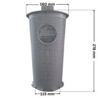 Cestello ricambio per pompe piscina Silen2 e Silen S2 Espa con quote dimensionali: diametro esterno superiore 160 mm, diametro esterno inferiore 115 mm e altezza totale 278 mm.