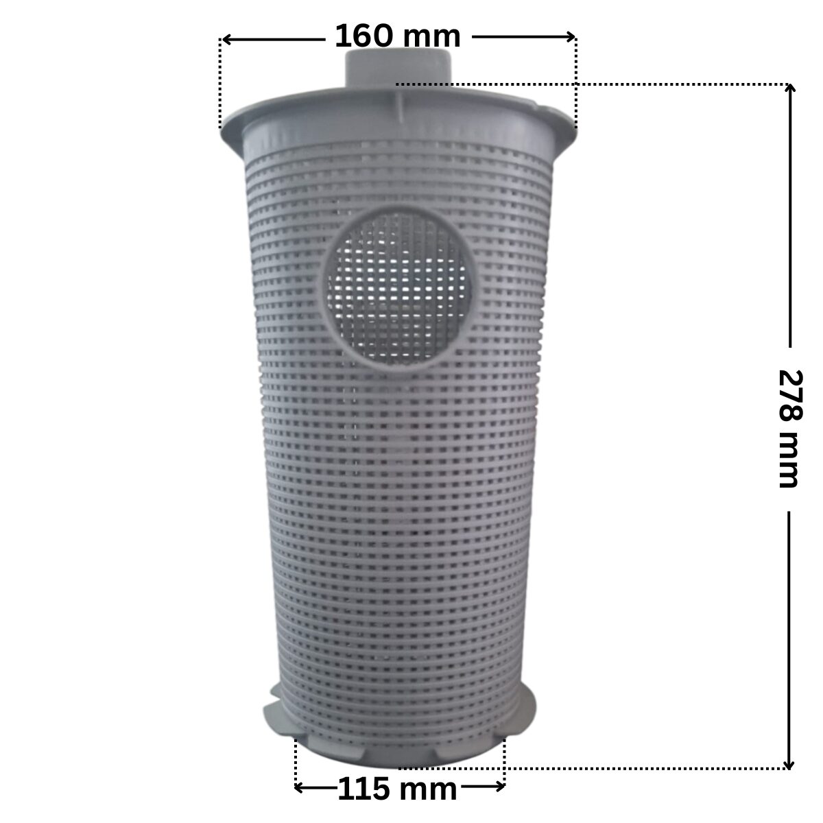 Cestello ricambio per pompe piscina Silen2 e Silen S2 Espa con quote dimensionali: diametro esterno superiore 160 mm, diametro esterno inferiore 115 mm e altezza totale 278 mm.