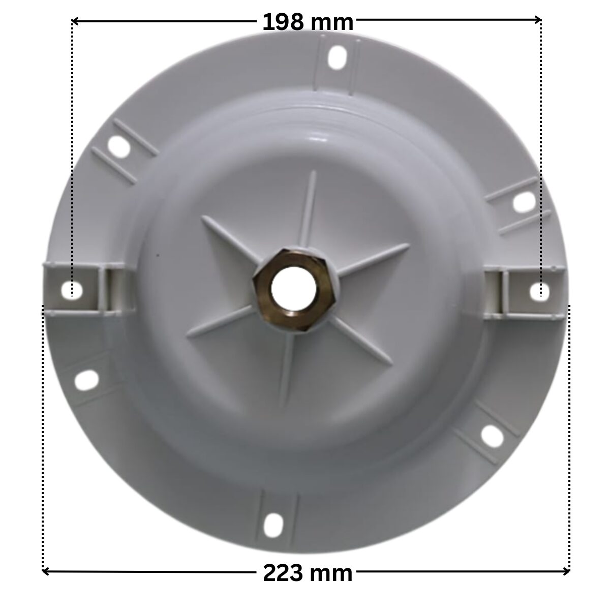 Kit composto da calotta e pressacavo ricambio per faro subacqueo PS Astralpool, con quote dimensionali; diametro esterno calotta 223 mm e interassi fori delle viti 198 mm.