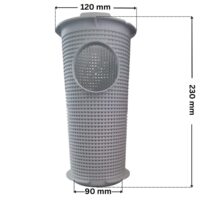 Cestello ricambio per pompe piscina Silen e Silen S Espa con quote dimensionali: diametro esterno superiore 120 mm, diametro esterno inferiore 90 mm e altezza totale 230 mm.