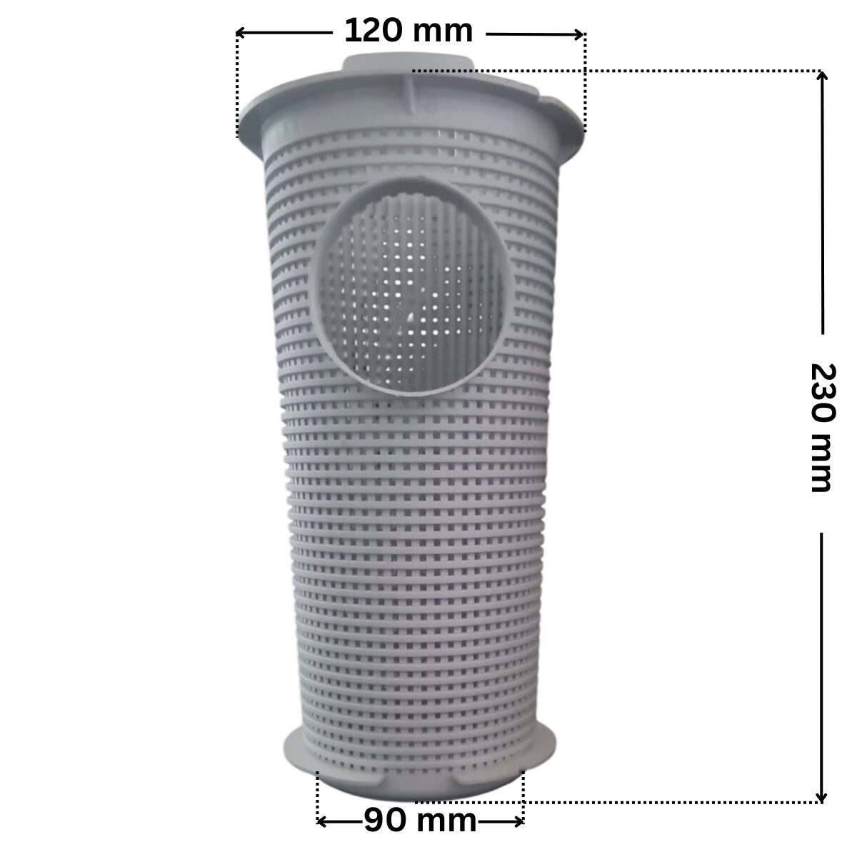 Cestello ricambio per pompe piscina Silen e Silen S Espa con quote dimensionali: diametro esterno superiore 120 mm, diametro esterno inferiore 90 mm e altezza totale 230 mm.