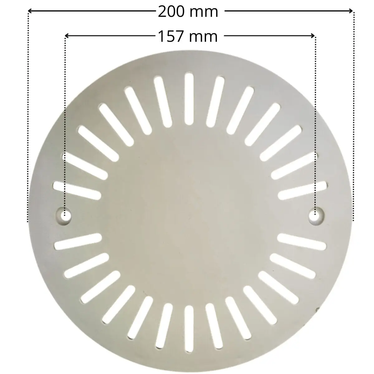Griglia antivortice, ricambio per scarico di fondo Pool’s con quote dimensionali: diametro esterno 200 mm e interasse fori fissaggio viti 157 mm