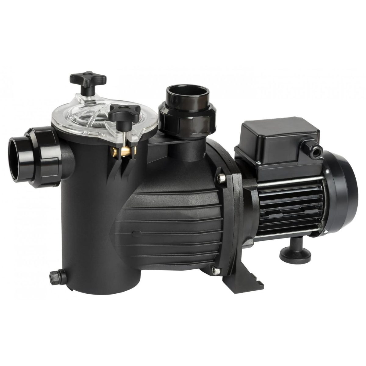 La pompa è di colore nero e presenta un design compatto con un pre-filtro integrato nella parte anteriore. Il coperchio del pre-filtro è trasparente e ha due manopole nere per la chiusura. Sul corpo della pompa sono visibili gli attacchi per le tubazioni, uno laterale e uno superiore, entrambi filettati. Il motore elettrico è posizionato nella parte posteriore. La pompa è appoggiata su una base integrata. Lo sfondo bianco permette di isolare il prodotto.
