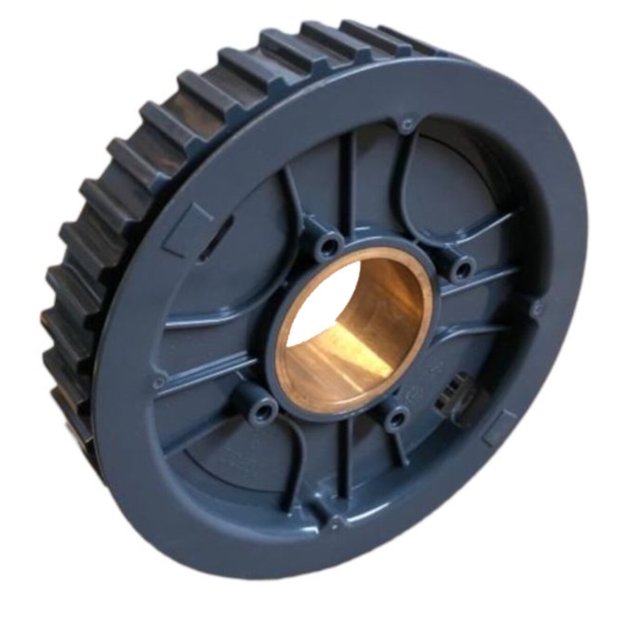 D9983379 Sullo sfondo bianco si vede un disco piatto e circolare, di colore scuro (nero o grigio scuro). Presenta un ampio foro centrale e dei fori più piccoli disposti sul perimetro interno. La circonferenza esterna presenta una serie di denti regolari (scanalature).Al centro è chiaramente visibile un inserto cilindrico, probabilmente un cuscinetto o una boccola di metallo (colore ottone o bronzo).