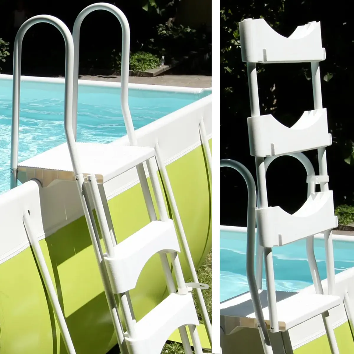 L'immagine è divisa verticalmente in due pannelli, mostrando la stessa scaletta bianca per piscina fuoriterra in due configurazioni diverse, installata su una piscina con parete esterna verde chiaro. Il pannello di sinistra, mostra la scaletta in posizione di normale utilizzo. La parte esterna con i gradini poggia sul terreno fuori dalla piscina, permettendo di salire e scendere, mentre la parte interna è immersa nell'acqua della piscina. Mentre il pannello di destra, illustra la funzione di sicurezza "ribaltabile". La parte esterna della scaletta è stata sollevata e bloccata in posizione verticale. Questo impedisce efficacemente l'accesso alla piscina dall'esterno, una caratteristica di sicurezza importante per prevenire l'ingresso accidentale, specialmente da parte dei bambini.
