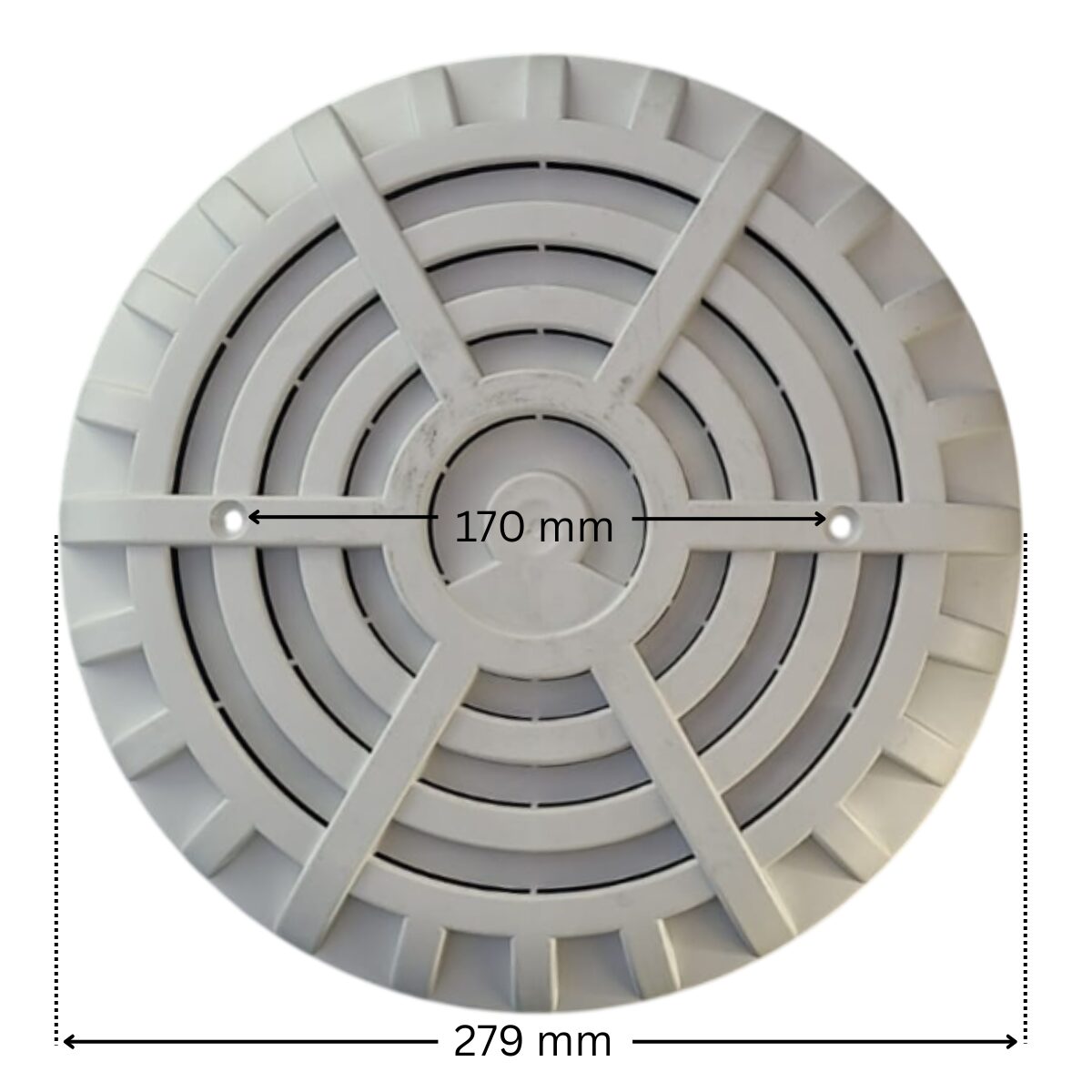 Griglia antivortice ricambio per scarico di fondo HD33 Certikin con quote dimensionali: diametro esterno 279 mm e interasse fori fissaggio viti 170 mm