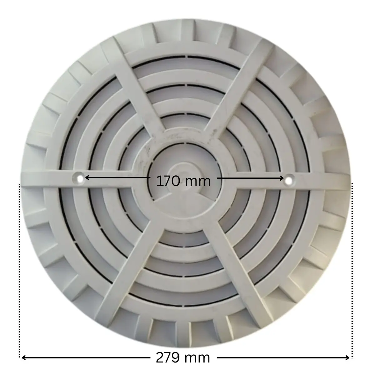 Griglia antivortice ricambio per scarico di fondo HD33 Certikin con quote dimensionali: diametro esterno 279 mm e interasse fori fissaggio viti 170 mm