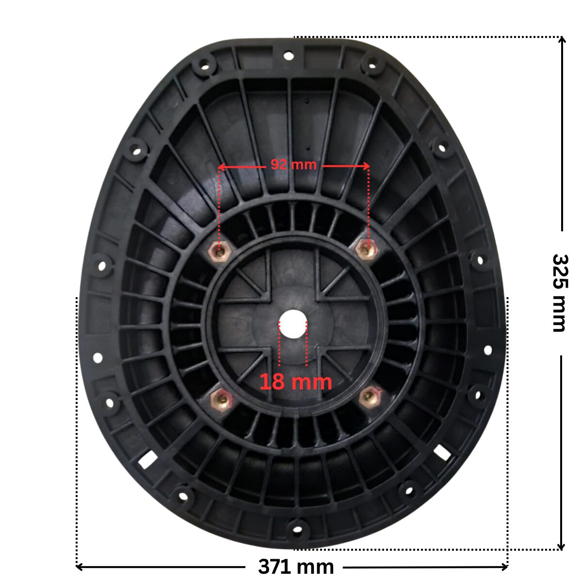 Vista posteriore frontale della flangia motore ricambio per pompa piscina Columbia Astralpool con quote dimensionali: diametro esterno 371 mm, lunghezza totale esterno 325 mm, interasse delle viti 92 mm, diametro interno del foro centrale 18 mm