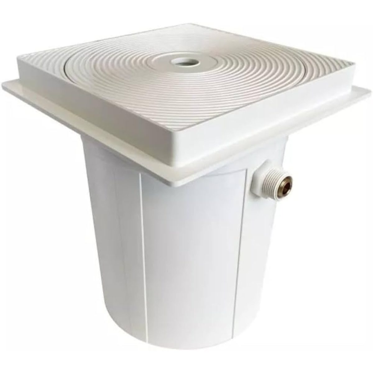 15862 Regolatore di livello universale Astralpool Immagine di un regolatore di livello per piscina con galleggiante e valvola di controllo, installato accontoad uno skimmer. Il galleggiante è in posizione intermedia, indicando che il livello dell'acqua nella piscina è equilibrato. Il dispositivo è realizzato in materiale resistente alla corrosione.