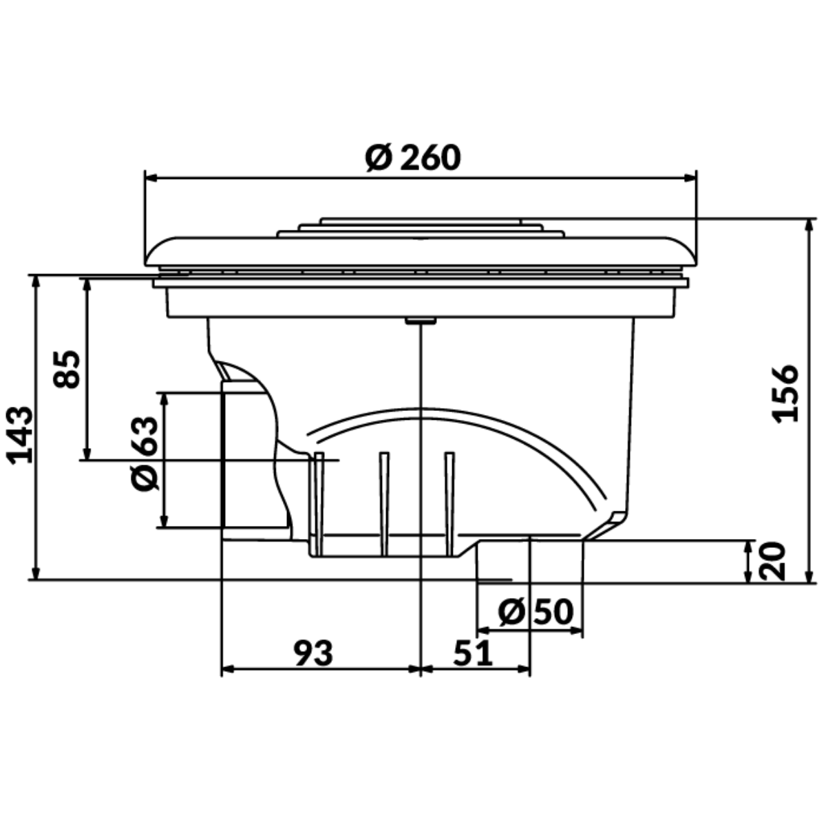 200200037 Dimensioni Scarico di fondo antivortice Aqua Immagine delle dimen sioni di uno scarico di fondo per piscina