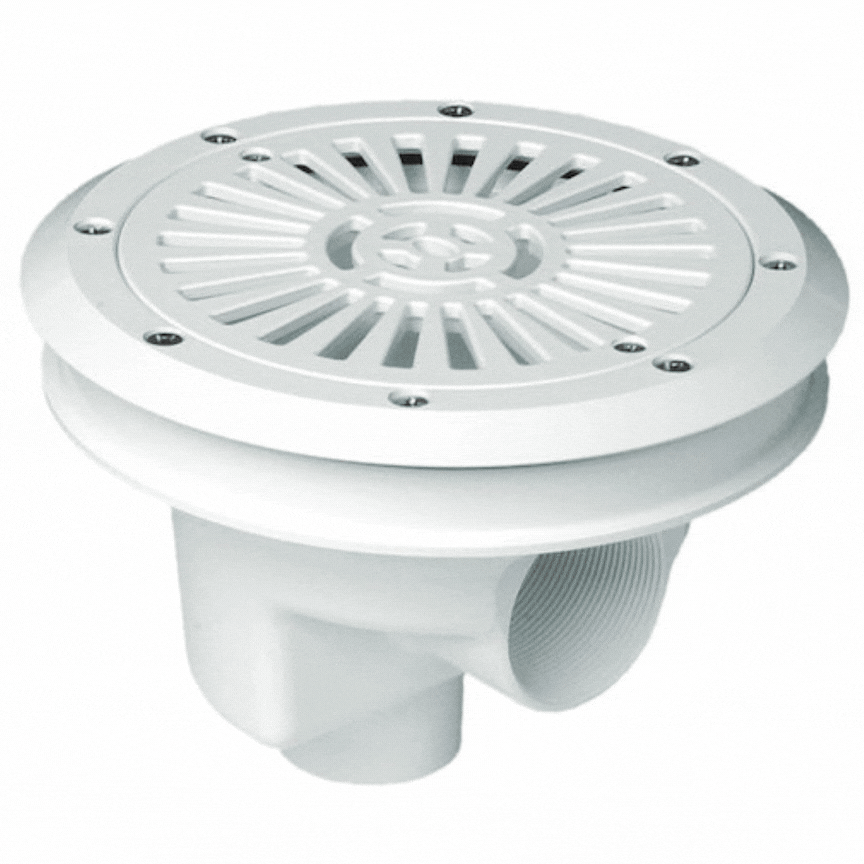 Immagine che mostra uno scarico di fondo per piscina installato sulla superficie del fondo, con il sistema progettato per raccogliere e dirigere l'acqua verso il sistema di filtrazione, mantenendo l'acqua della piscina pulita e priva di detriti