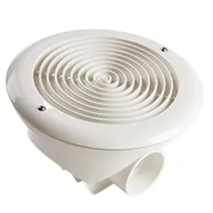 Scarico di fondo antivortice rotondo del marchio Aqua Lux, realizzato in plastica ABS di colore bianco. Il prodotto è presentato su uno sfondo bianco. Lo scarico ha una forma circolare con una superficie superiore leggermente bombata. Questa superficie è caratterizzata da un design a spirale o a cerchi concentrici, con fessure tra gli anelli che permettono all'acqua di essere aspirata. Questo design è specificamente studiato per prevenire la formazione di vortici, garantendo una maggiore sicurezza in piscina. Sul bordo esterno della superficie superiore sono visibili due piccole viti scure, presumibilmente utilizzate per fissare lo scarico al fondo della piscina. La parte inferiore dello scarico presenta un raccordo cilindrico per il collegamento al sistema di tubazioni della piscina. Si notano anche delle alette o supporti in plastica che contribuiscono alla stabilità e al corretto posizionamento dello scarico.