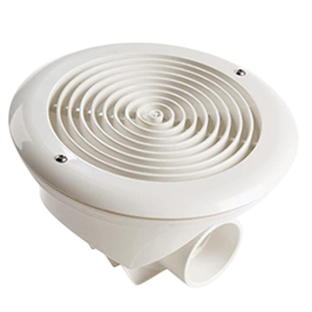 Scarico di fondo per piscina con griglia antivortice Aqua Scarico di fondo antivortice rotondo del marchio Aqua Lux, realizzato in plastica ABS di colore bianco. Il prodotto è presentato su uno sfondo bianco. Lo scarico ha una forma circolare con una superficie superiore leggermente bombata. Questa superficie è caratterizzata da un design a spirale o a cerchi concentrici, con fessure tra gli anelli che permettono all'acqua di essere aspirata. Questo design è specificamente studiato per prevenire la formazione di vortici, garantendo una maggiore sicurezza in piscina. Sul bordo esterno della superficie superiore sono visibili due piccole viti scure, presumibilmente utilizzate per fissare lo scarico al fondo della piscina. La parte inferiore dello scarico presenta un raccordo cilindrico per il collegamento al sistema di tubazioni della piscina. Si notano anche delle alette o supporti in plastica che contribuiscono alla stabilità e al corretto posizionamento dello scarico.