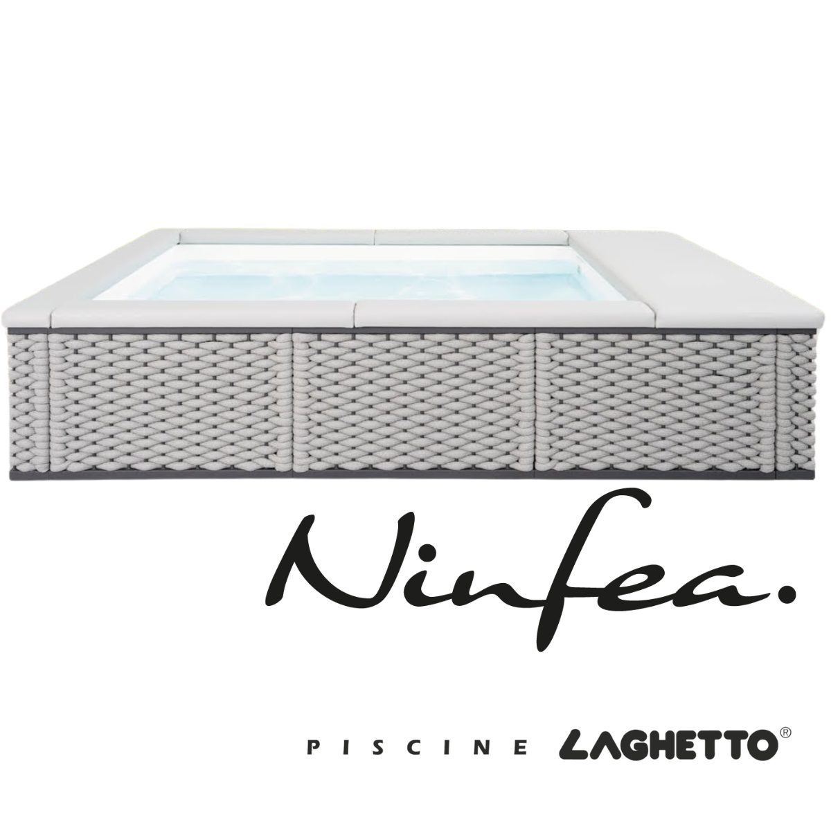 Piscina Laghetto Ninfea colore bianco modello uno con cuscino bianco posizionato su tutto il bordo della piscina