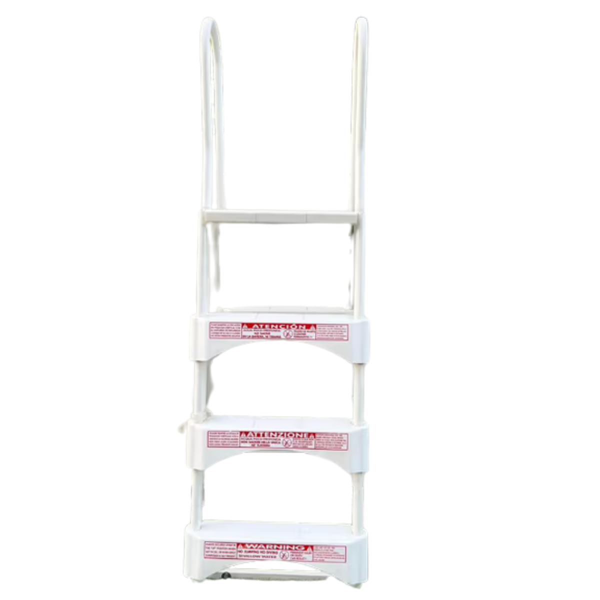 Sullo sfondo bianco vediamo una scaletta per piscina di colore bianco. Si tratta di una scaletta di sicurezza, probabilmente per piscine fuoriterra, come suggerito dal design a cavalletto (anche se ne è visibile principalmente un lato). La scaletta ha una struttura verticale con corrimano e diversi gradini orizzontali. Sulla parte frontale di alcuni gradini sono ben visibili delle etichette adesive di sicurezza, di colore rosso e bianco, che riportano le scritte "ATTENZIONE" e "WARNING". Considerando il nome del file, si può dedurre che si tratta specificamente di una scaletta ribaltabile (o sollevabile) progettata per i modelli di piscina del marchio Piscine Laghetto.