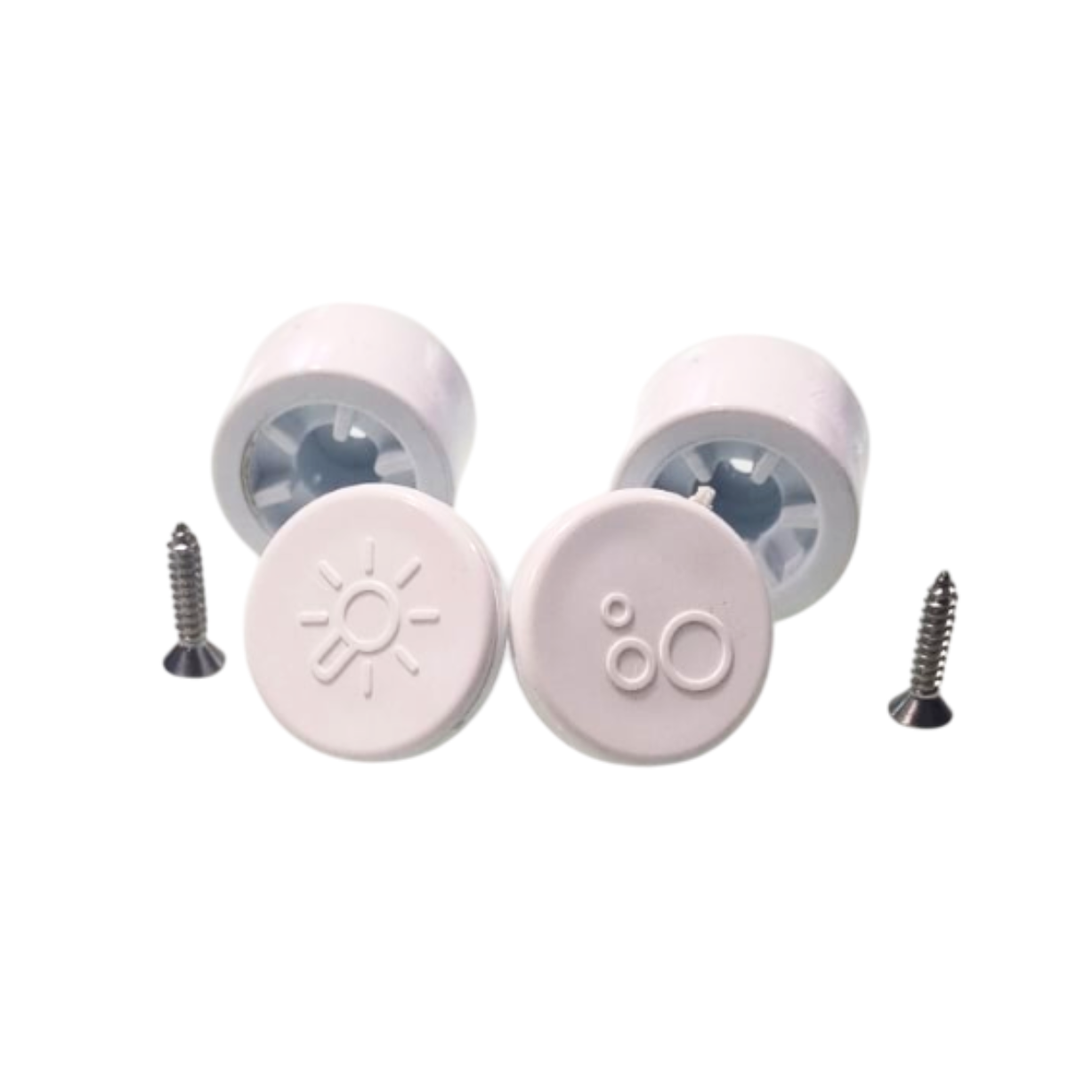 Sullo sfondo bianco si notano dei cilindri posti orizzontalmente nella parte retro con dei fori centrali, subito nella parte frontale notiamo dei piccoli pulsanti circolari di colore bianco cone uno stampato un sole e nell'altro stampate delle bolle. Lateralmente ai pulsanti ci sono delle piccole viti di colore grigio.