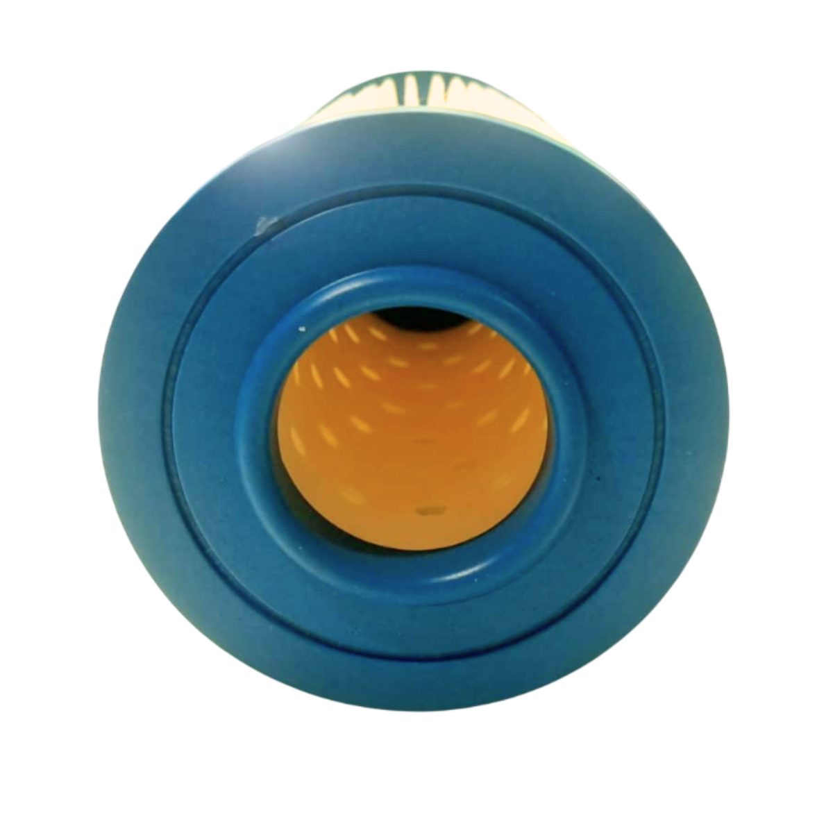 JDECART04 - 3 Sullo sfondo bianco un primo piano della parte terminale di una cartuccia filtrante per piscina, inquadrata frontalmente dall'alto. In evidenza c'è il tappo di chiusura in plastica rigida di colore blu, la cui superficie presenta una lavorazione a cerchi concentrici a gradoni. Al centro si trova l'apertura circolare che permette il passaggio dell'acqua. Attraverso questo foro è possibile vedere l'anima interna della cartuccia, una struttura di supporto di colore arancione con una superficie texturizzata. Attorno all'apertura, si intravede il tessuto filtrante bianco, disposto con la sua caratteristica struttura a fitte pieghe (lamelle), fondamentale per massimizzare la superficie di filtrazione.
