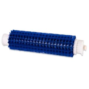Sullo sfondo bianco è riportato un tubo lungo con una spazzola di colore blu dentata. Alle sue due rispettive estremità si notano dei cilindri dentati, tipo delle pulegge di colore bianco.