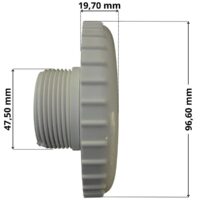Copriflangia con sfera integrata, vista di lato, ricambio per bocchetta a parete Aquareva con quote dimensionali: diametro filettatura posteriore 47,50 mm, diametro flangia frontale 96,60 mm e spessore flangia frontale 19,70 mm
