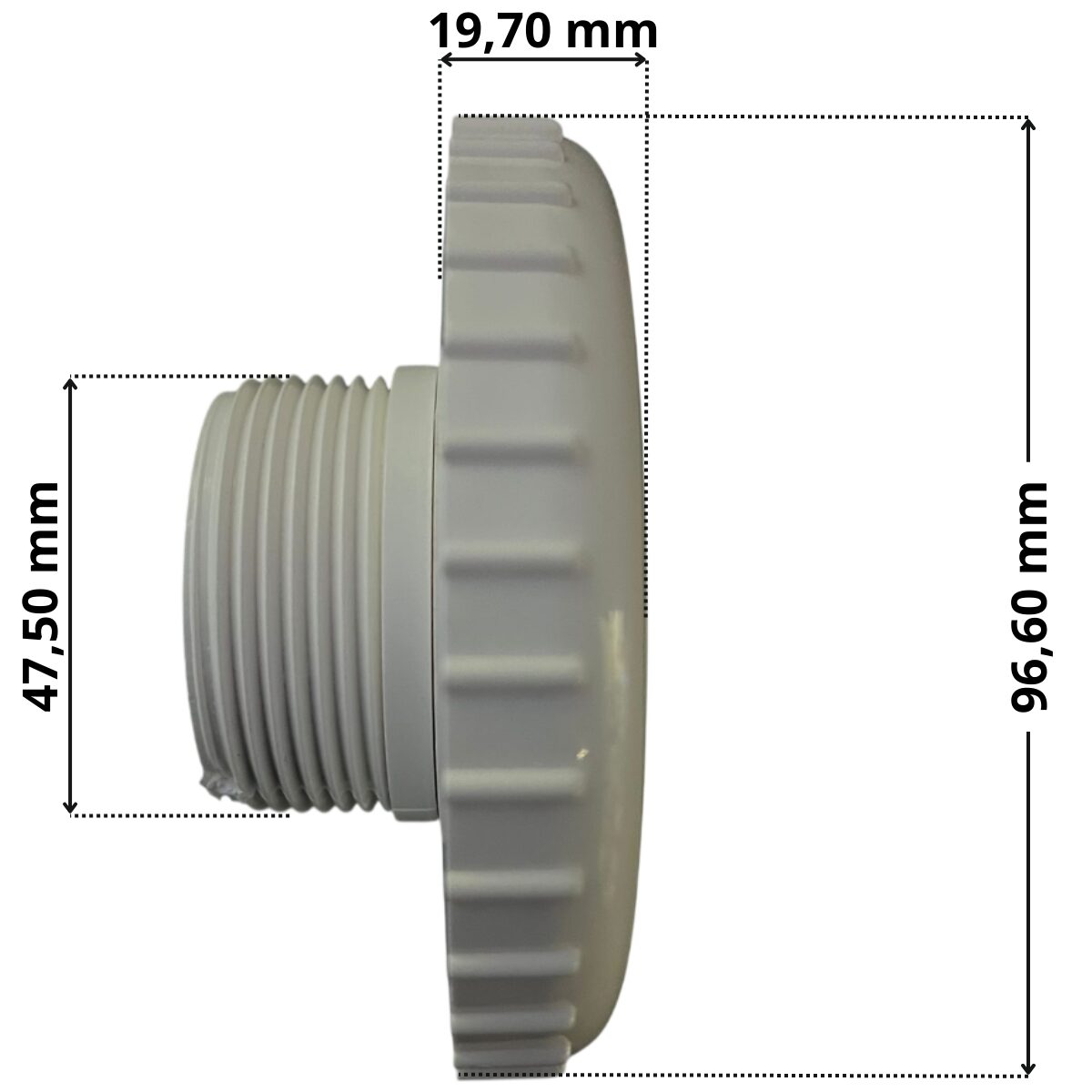 Copriflangia con sfera integrata, vista di lato, ricambio per bocchetta a parete Aquareva con quote dimensionali: diametro filettatura posteriore 47,50 mm, diametro flangia frontale 96,60 mm e spessore flangia frontale 19,70 mm