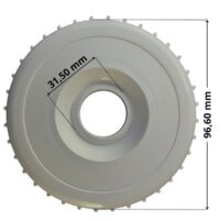 Copriflangia con sfera integrata, vista da sopra, ricambio per bocchetta a parete Aquareva con quote dimensionali: diametro flangia frontale 96,60 mm e foro per sfera 31,50 mm