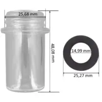 Bicchierino trasparente con parte finale filettata e guarnizione nera ricambi per valvole selettrici Top e Side da 1 pollice e mezzo e 2 pollici AstralPool con quote dimensionali: diametro filetttaura 25,68 mm, altezza bicchierino 48,08 mm, diametro esterno guarnizione 25,27 mm e diametro interno guarnizione 14,99 mm