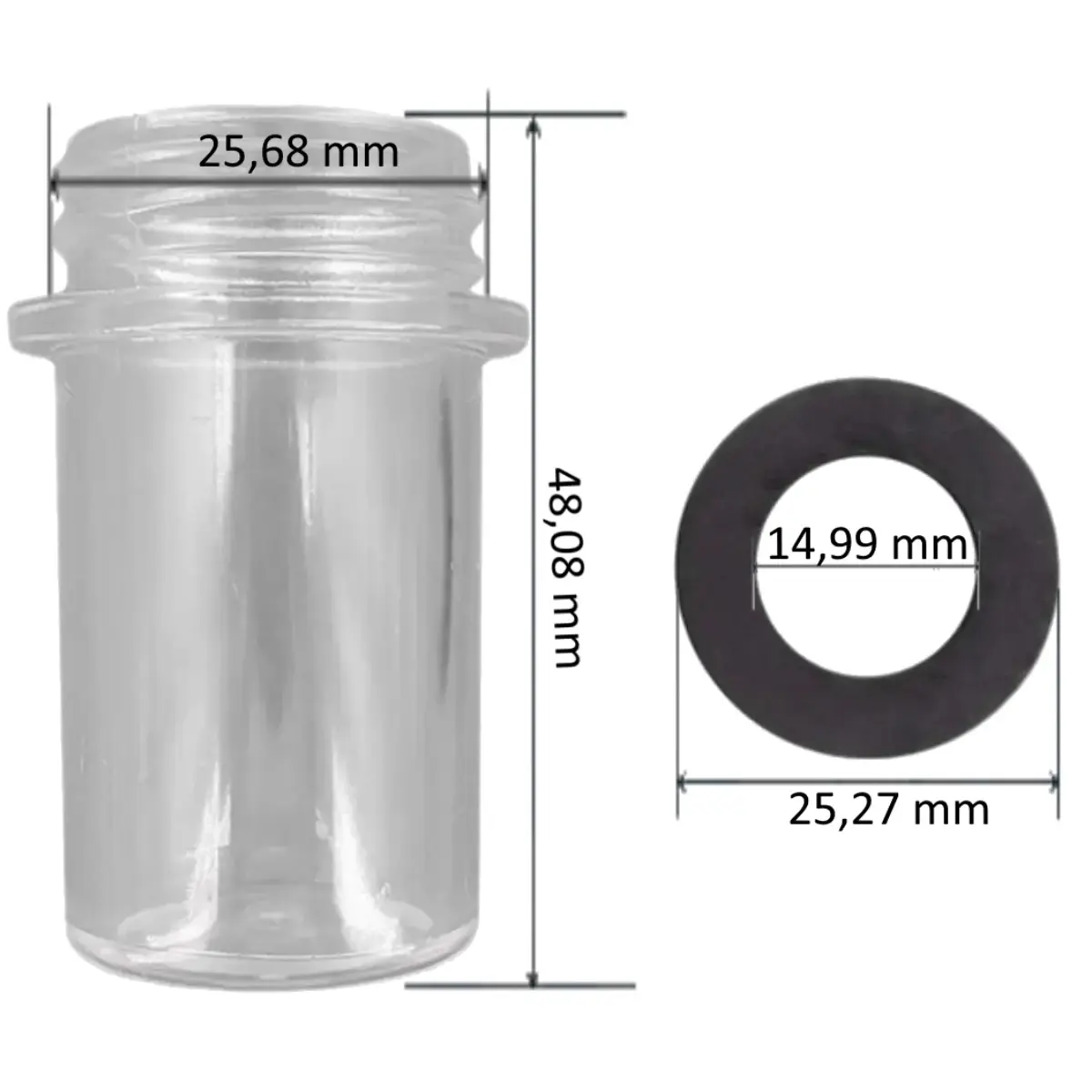 Bicchierino trasparente con parte finale filettata e guarnizione nera ricambi per valvole selettrici Top e Side da 1 pollice e mezzo e 2 pollici AstralPool con quote dimensionali: diametro filetttaura 25,68 mm, altezza bicchierino 48,08 mm, diametro esterno guarnizione 25,27 mm e diametro interno guarnizione 14,99 mm