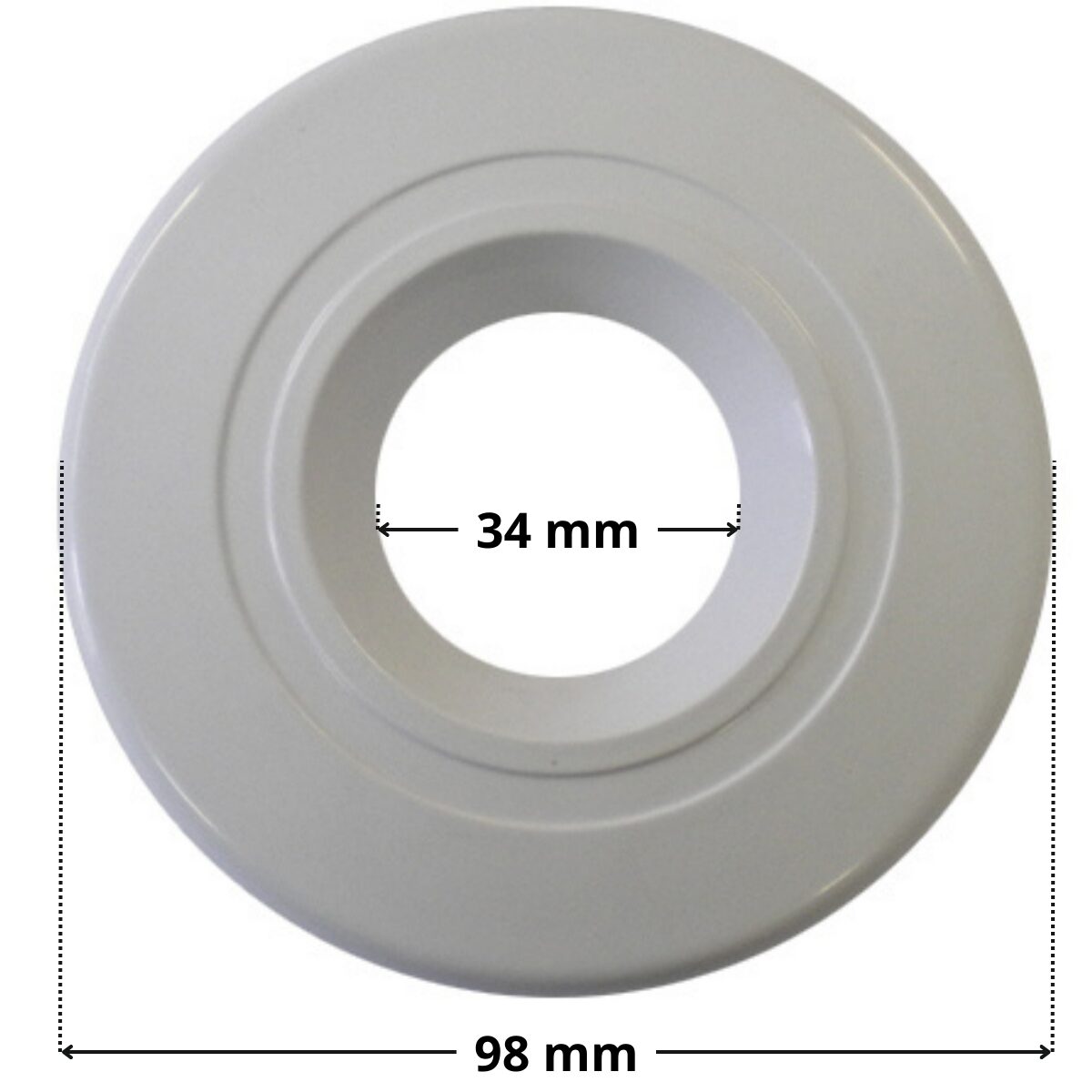 Copriflangia vista da sopra, ricambio per bocchetta a parete Cofies con quote dimensionali : diametro esterno98 mm diametro foro centrale 34 mm