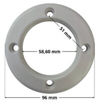 Flangia ricambio per bocchetta a parete Pool's con quote dimensionali: diametro esterno 96 mm, diametro interno 58,60 mm, interasse fori 51 mm.