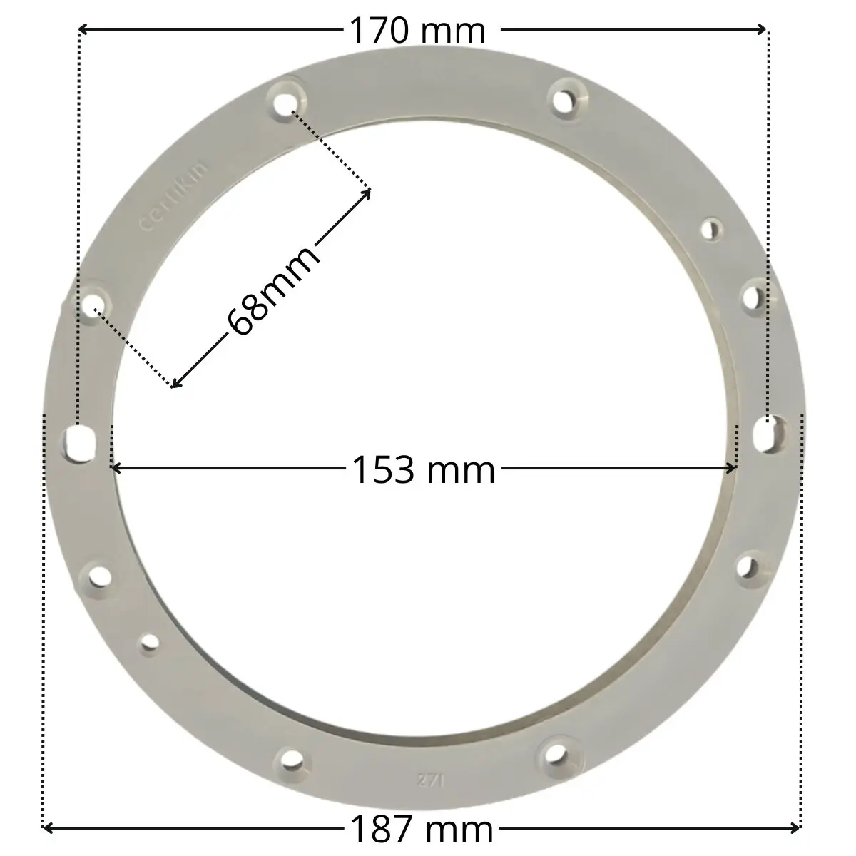 Flangia, vista da sopra, ricambio per scarico di fondo HD33L Certikin con quote dimensionali: diametro interno 153 mm, diametro esterno 187 mm, interasse fori fissaggio viti 68 mm