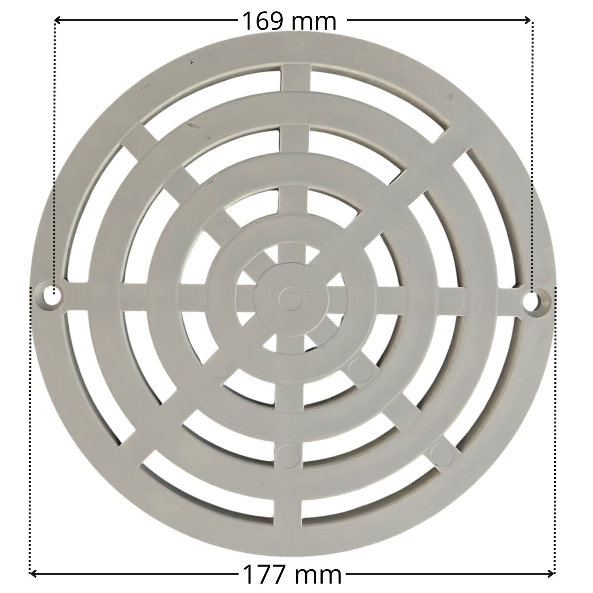 Griglia piatta, vista da sopra, ricambio per scarico di fondo Pool’s con quote dimensionali: diametro esterno 177 mm e interasse fori fissaggio viti 169 mm