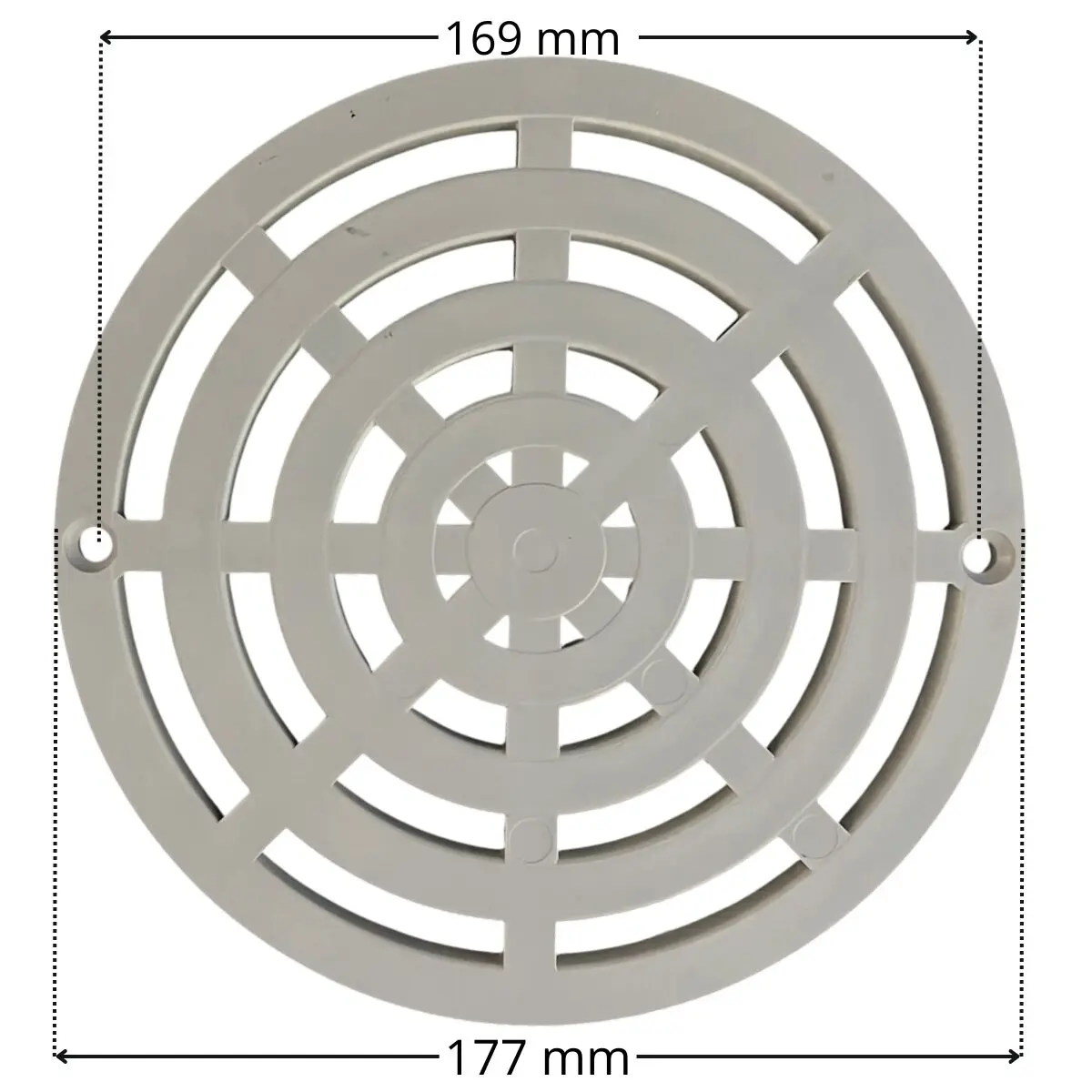 Griglia piatta, vista da sopra, ricambio per scarico di fondo Pool’s con quote dimensionali: diametro esterno 177 mm e interasse fori fissaggio viti 169 mm