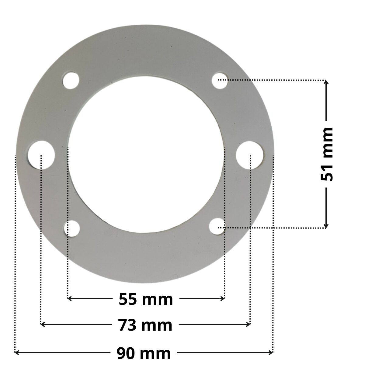 Guarnizione ricambio per bocchetta a parete vecchio modello Pool's con quote dimensionali: diametro esterno 90 mm, diametro interno 55 mm, interasse fori grandi 73 mm interasse fori piccoli 51 mm