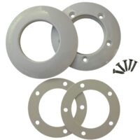 Kit copriflangia composta da un copriflangia, una flangia, due guarnizioni e 5 viti inox ricambio per bocchetta a parete Aqua