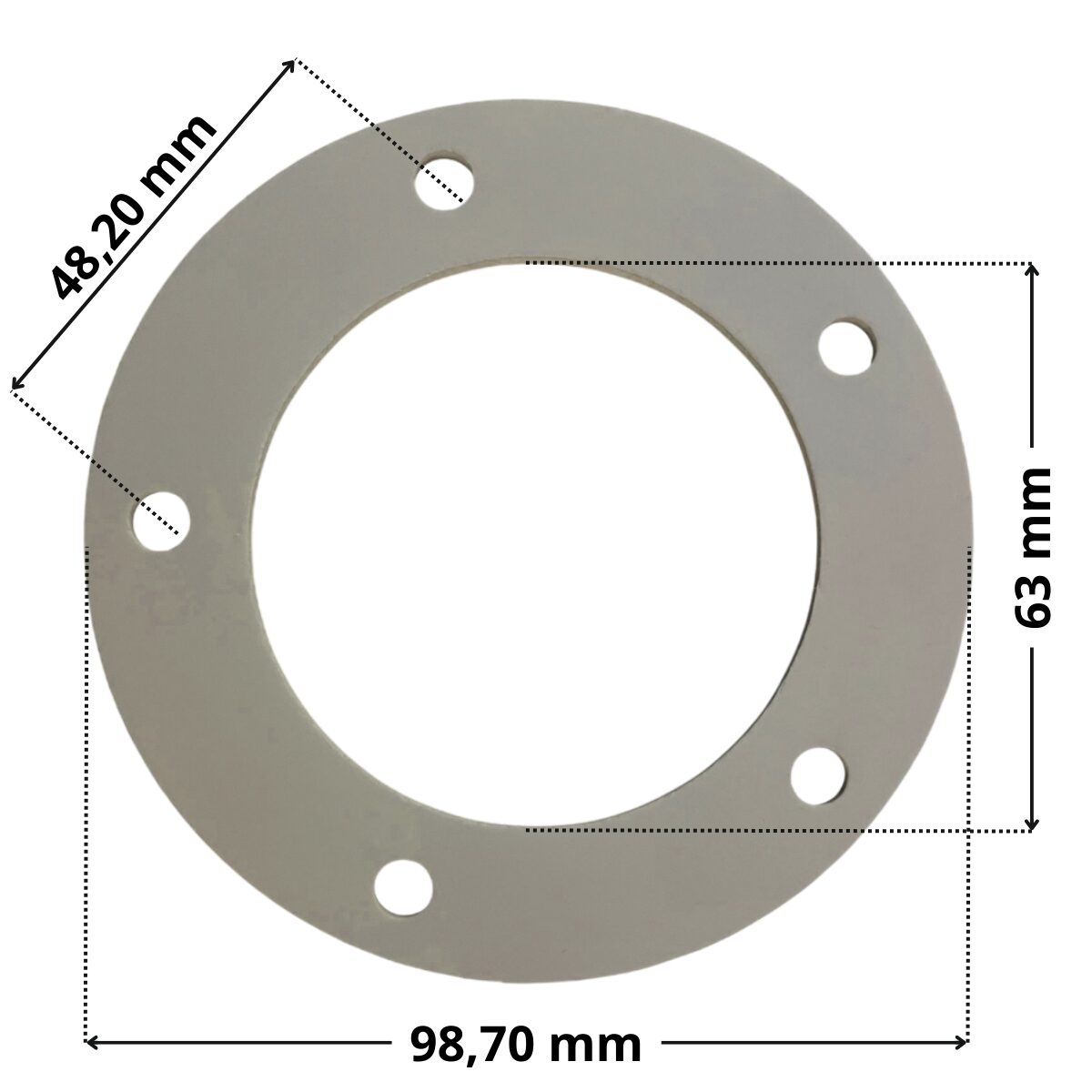 Guarnizione ricambio per bocchetta a parete Aqua con quote dimensionali: diametro esterno 98,70 mm, diametro interno 63 mm e interasse fori viti di fissaggio 48,20 mm